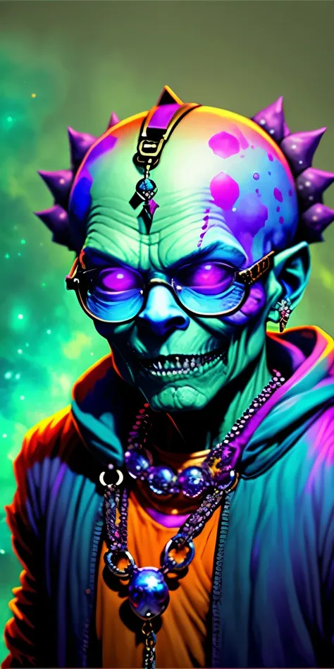 an old happy  zombie with glasses and a chain around its neck, radiant nebula colors, vfx movie, marvel art, highly photographic render, pitbull, illustration iridescent, heavy metal artwork, his head covered in jewels, similar to the bifrost, conceptart. ...