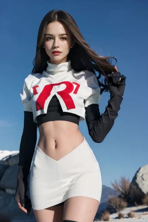 epic realistic, kristinapimenova,  18yo women wearing wearing team rocket,team rocket uniform,white skirt,red letter R,crop top,black thigh-highs,black elbow gloves,