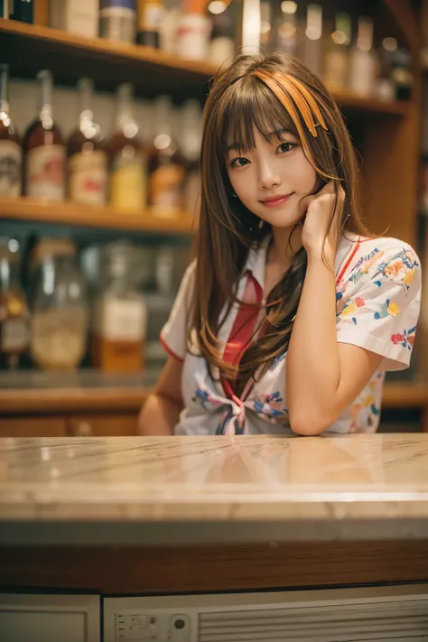 Top quality, 1 beautiful japanese woman, wearing school swimwear, 35mm lens, f/1, at bar counter, camel claw, smile