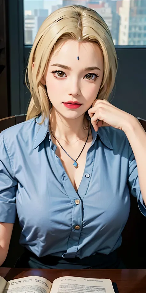 good anatomy, masterpiece, best quality, 4k, 8k, professional photography, soft light, sharp focus, office space, 1 girl, sitting in chair, blonde hair, white button up shirt, blonde hair, parted banks, detailed face+brown eyes, smile, closed lips, lipstic...