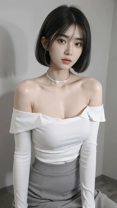 top-quality、超a high resolution、(photorealsitic:1.4)、女の子1人、off-shoulder white shirt、black tight skirt、black choker、(faded ash gra...