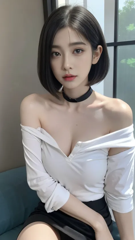 top-quality、超A high resolution、(Photorealsitic:1.4)、女の子1人、Off-shoulder white shirt、Black tight skirt、Black choker、(faded ash gray hair:1)、bob cuts、Slouched、(huge-breasted:1.2)、looking at viewert、a closeup、