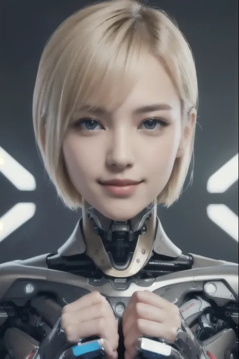 ((Perfectly beautiful woman))、(detailed mechanical body)、(((Human face and neck, cyborg body)))、smile、(((I can see all the way to my toes)))、Blonde shorthair、blue glowing eyes