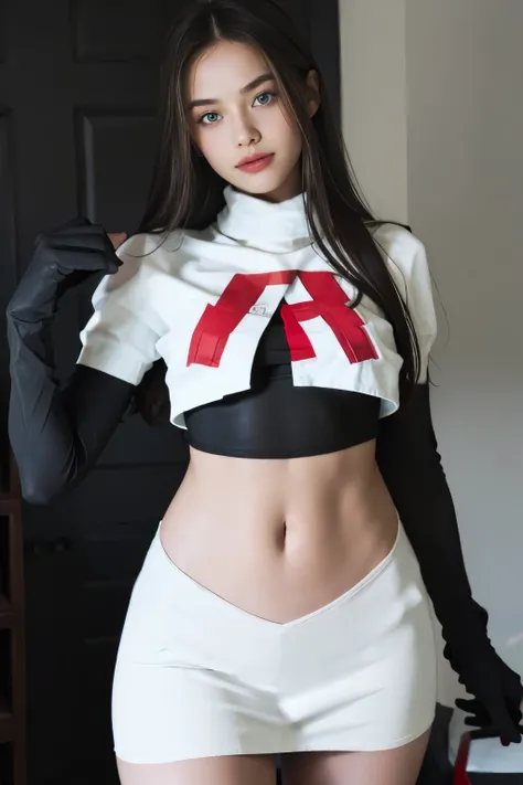 epic realistic, kristinapimenova,  18yo women wearing wearing team rocket,team rocket uniform,white skirt,red letter R,crop top,black thigh-highs,black elbow gloves,