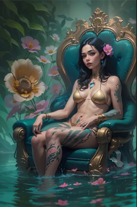 there is a woman in bikini with tattoos on his body and a flower in his hand, album art, realism art, sitting in his throne underwater, art cover, realism art style, album, realistic art, official artwork, realism artstyle, music album art, by Adam Dario K...