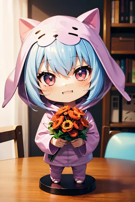 (Chibi:1.3), happy, (holding a bouquet), full body, (Kigurumi), indoors, on the table, (Nendoroid:1.1),