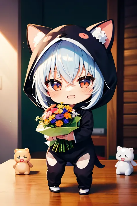 (Chibi:1.3), happy, (holding a bouquet), full body, (Kigurumi), indoors, on the table, (Nendoroid:1.1),