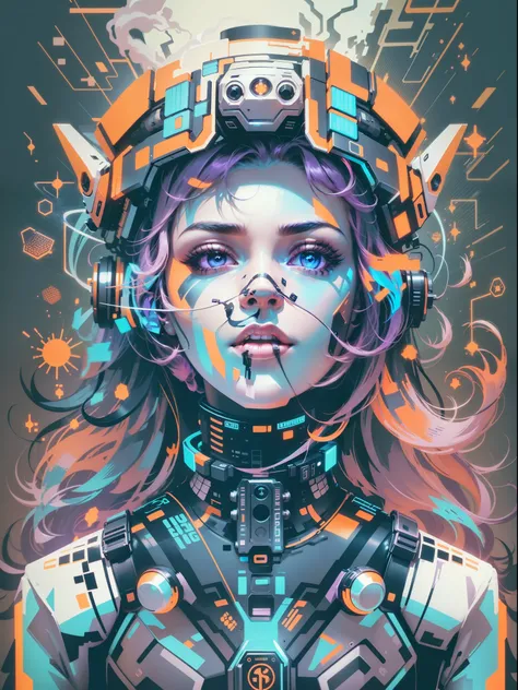 graphic design t-shirt, flat design, futuristic cyberpunk robot in mix of tones, topless,, sexy body, topless, flashing , big , metal skin,metal nipples, laser beams, purple emissive eyes, colorful tones, clean highly detailed, vector image, smoke explosio...