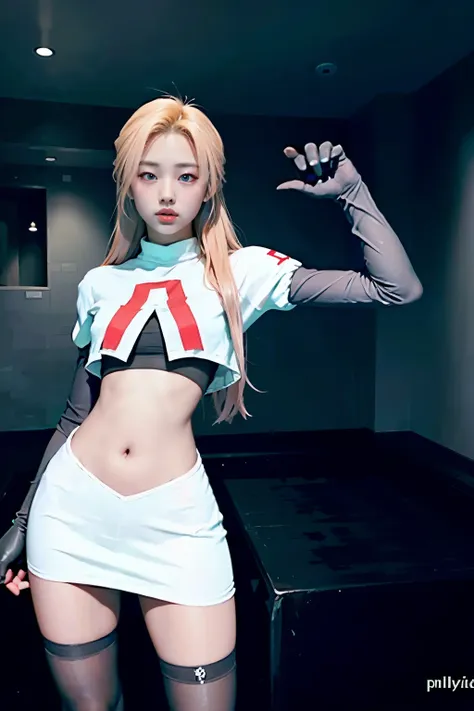 Vyvan , 
1Girl,  cinematic lighting, atmospheric depth, naturalistic, realistic, sexy, wearing team rocket,team rocket uniform,white skirt,red letter R,crop top,black thigh-highs,black elbow gloves,