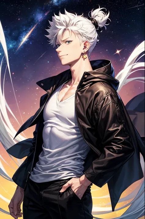 1 man, strong body, black cloak, black pants, white hair, green eyes, detailed hair, very long hair, (long hair), ((hair tied back)), closed mouth smile, angry smile, space, night background, stars, comets, epic pose, golden ear ring, ultra detailed, best ...