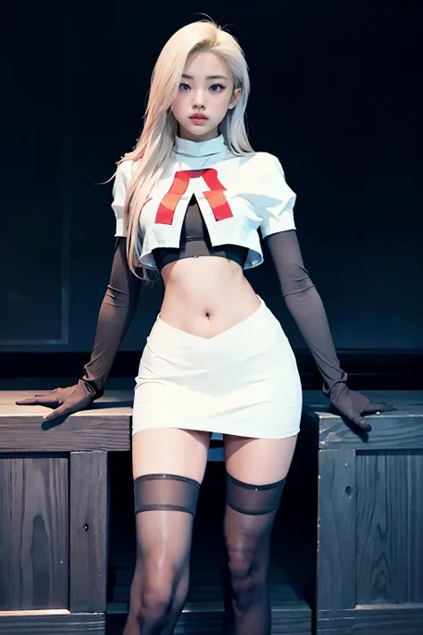 Vyvan , 
1Girl,  cinematic lighting, atmospheric depth, naturalistic, realistic, sexy, wearing team rocket,team rocket uniform,white skirt,red letter R,crop top,black thigh-highs,black elbow gloves,