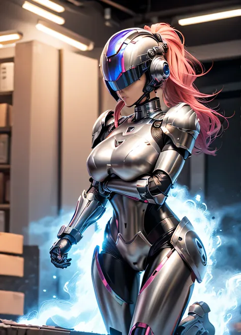 female robocop solo、armor that completely covers the whole body、very large armor、helmet to hide your eyes、rainbow armor、armor th...