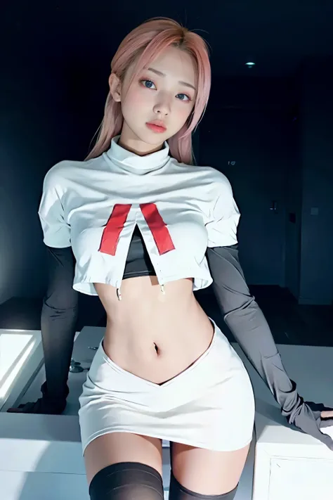 Vyvan , 
1Girl,  cinematic lighting, atmospheric depth, naturalistic, realistic, sexy, wearing team rocket,team rocket uniform,white skirt,red letter R,crop top,black thigh-highs,black elbow gloves,