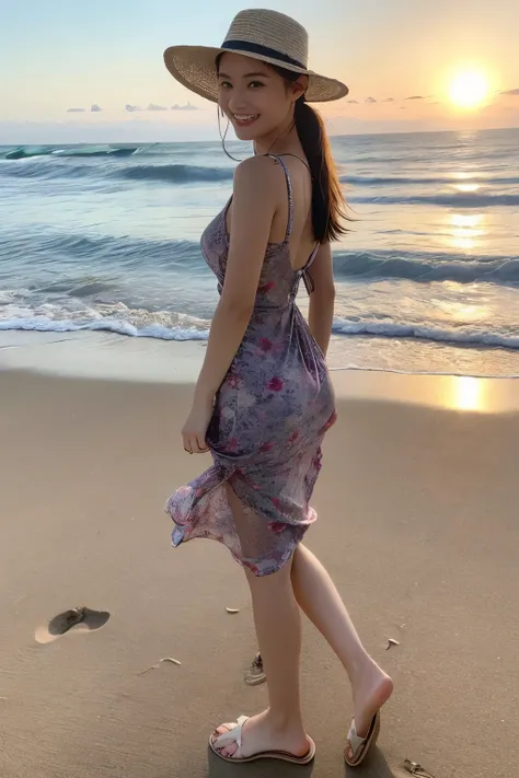 Photorealistic, high-quality 32k photo of a beautiful Japanese girl in a summer dress, with detailed eyes and a joyful smile, walking along the beach. She’s wearing a light, flowy dress with Fashion beach Sandal, her hair tied back in a casual bun, and a s...