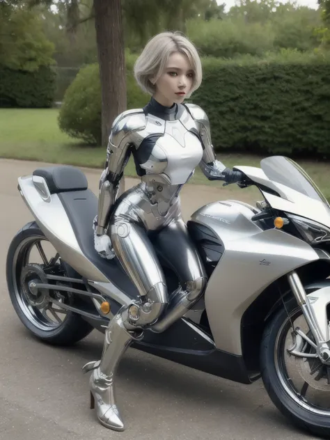 ((highest quality)), ((muste piece)), ((perfect face)), ((beautiful woman face))、(((A cyborg with a beautiful white and supple design.)))、Science fiction、fantasy art、(((You can see the tips of the metallic boots)))、(silver short hair)、(((Riding a detailed ...