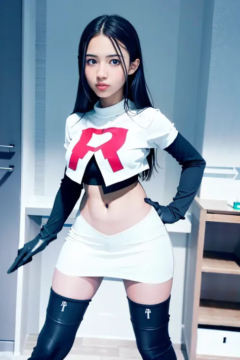 strawberrytabbyy, a woman wearing team rocket,team rocket uniform,white skirt,red letter r,crop top,black thigh-highs,black elbo...