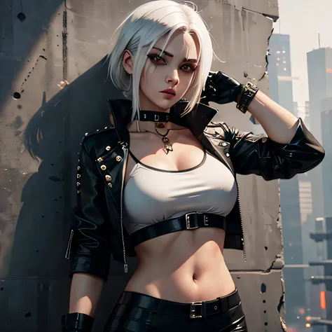 beautiful girl, cyberpunk spy style, white hair, bloody eyes, black cropped top, choker, abdomen, navel, leather pants, leather spiked gloves, wall