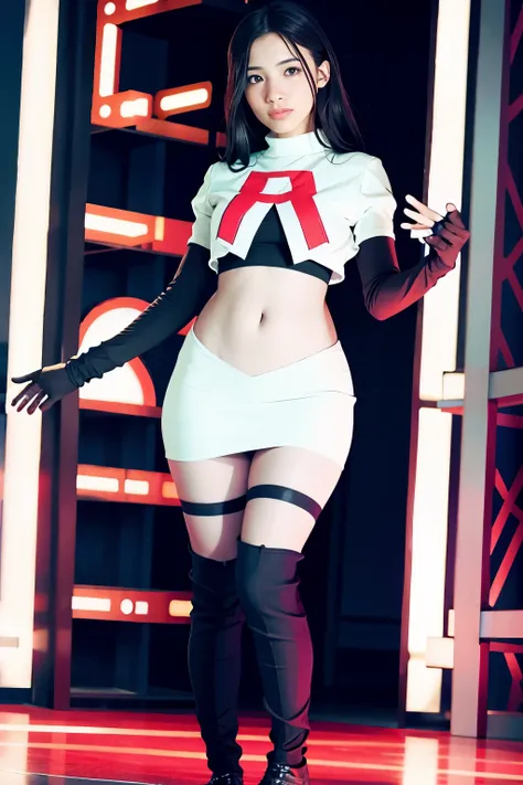 strawberrytabbyy, a woman wearing team rocket,team rocket uniform,white skirt,red letter R,crop top,black thigh-highs,black elbow gloves,