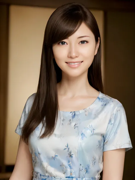 (Photoreal:1.4)、(hyper realistic:1.4)、(realistic:1.3)、32K、Japan woman at 26 years old、realistic lighting、Backlight、(Top quality real texture skin:1.4)、long eyes、detailed face、fine eyes、smile with a small mouth、 T-shirt、(Enhance the mood of your body line:1...