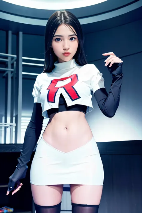 strawberrytabbyy, a woman wearing team rocket,team rocket uniform,white skirt,red letter r,crop top,black thigh-highs,black elbo...