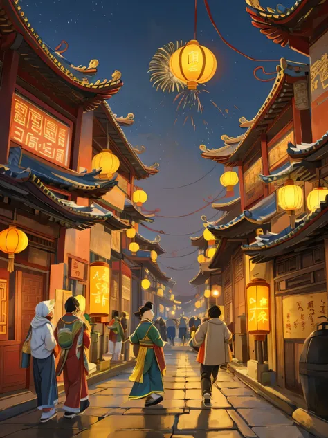 Spring Festival，Yellow-red tones，Kaneko，Red building，Painting of woman walking down the street holding lantern, yellow red sky，fireworks，Dream Chinatown, author：Yang Jie, by Zou Zhe, Lanterns at night, author：Li Song, inspired author：Miranda, by Qu Leilei,...