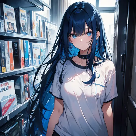 blue hair, black hair, illness, long hair, two-dimensional beautiful girl