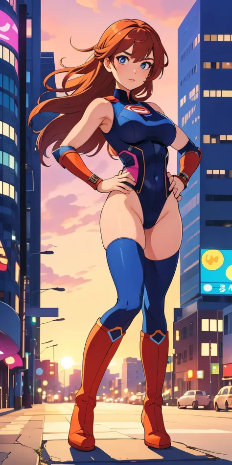 1girl, superhero, leotard, bare legs, boots, standing, solo focus, tight belt, hands on hip, full body shot, mature lady, city backdrop, sleeveless, ultra highres, absurdres, beautiful face, detailed eyes, symmetric eyes