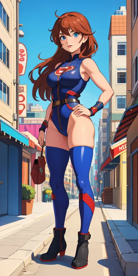 1girl, superhero, leotard, bare legs, boots, standing, solo focus, tight belt, hands on hip, full body shot, mature lady, city backdrop, sleeveless, ultra highres, absurdres, beautiful face, detailed eyes, symmetric eyes