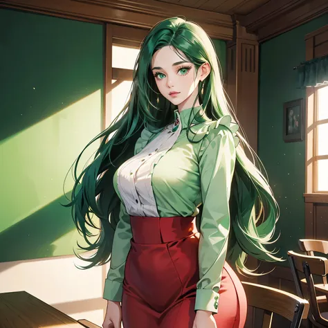 Anime woman with a 3D realistic appearance, standing in a classroom location, boasts a perfect body, accentuated by green eyes that sparkle with life. She wears a pale green blouse-shirt, the wide collar adding an extra touch of elegance, over a white apro...