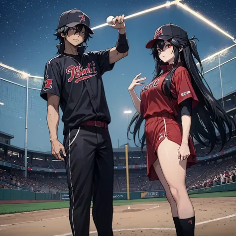 A man in a black baseball outfit together with a woman (eye red) in a baseball outfit on the baseball field at night
