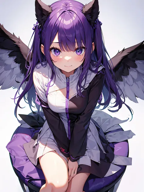 detailed face, fine eyes,((white and purple theme)),standing in front of a pure white wall、facing forward,smile、smile,cheeks are red,whole body,Beautiful eyes that everyone envy、Black wings,yoga poses,low angle shot、sitting in a chair,spread your legs