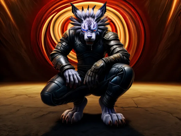 barefoot hypnotised weregarurumon wears black ninja suit, tebowing, detailed paws with claws, blue fur, in a trance, a look of w...