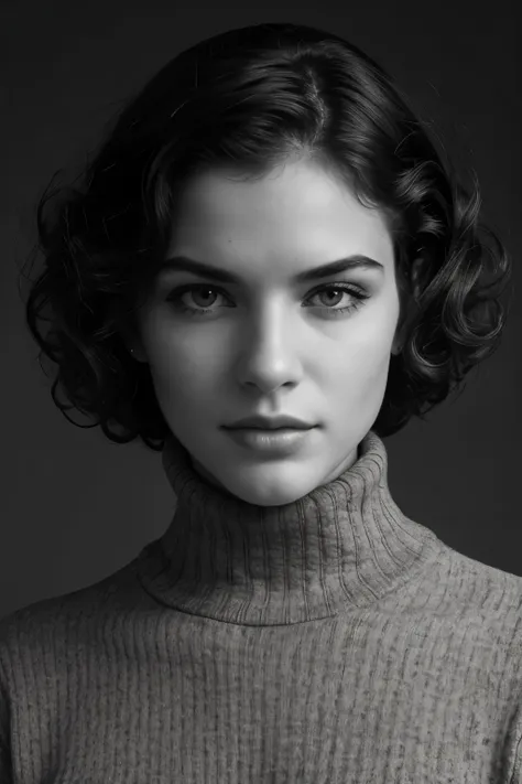 photo-bw, human-likeness, photomodel, bob hair, curly hair, black turtleneck sweater, grey  background
portrait-medium shot