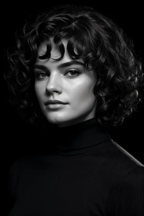 photo-bw, human-likeness, photomodel, bob hair, curly hair, black turtleneck sweater, grey  background
portrait-medium shot