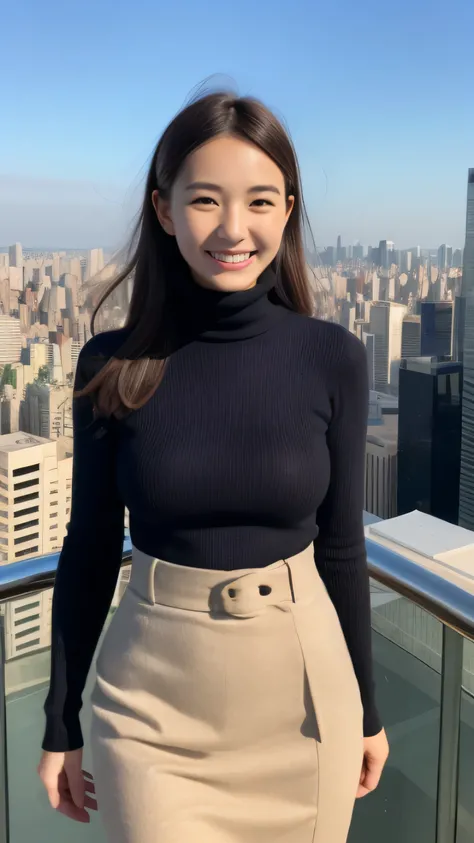 hostess face、sexy face、turtleneck wool sweater、skirt、High quality、Super realistic、healthy、smiling expression、perfect slender figure、Japanese beauty、 perfect eyes、Shining beautiful skin、upper part of the body、Tokyo skyscrapers