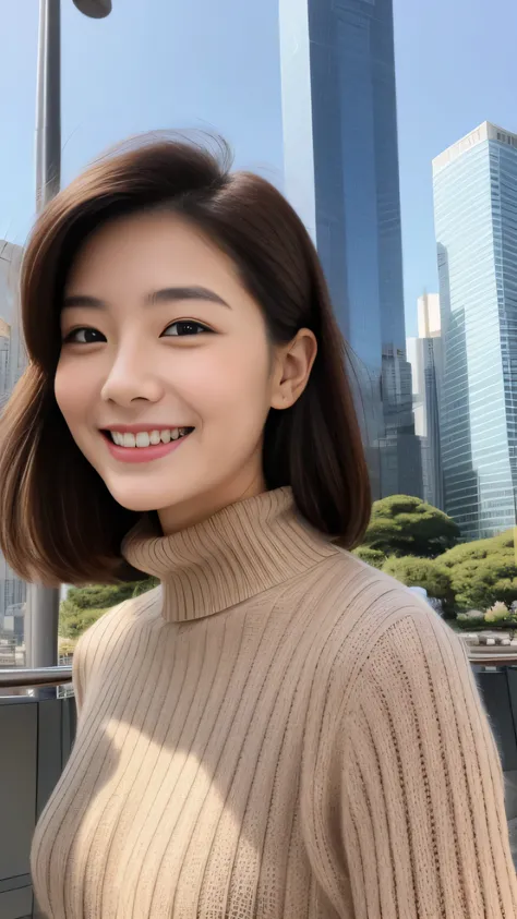 hostess face、sexy face、turtleneck wool sweater、skirt、High quality、Super realistic、healthy、smiling expression、perfect slender figure、Japanese beauty、 perfect eyes、Shining beautiful skin、upper part of the body、Tokyo skyscrapers