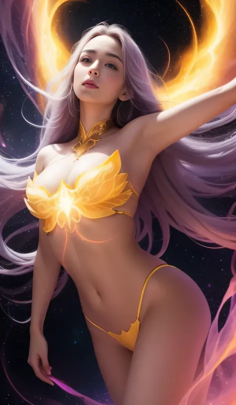  Envision an expansive astral plane, aglow with the soft luminescence of starry yellows and reds, endlessly soaring upward. Central to this celestial scape a woman of grandeur, with a luminous white body, exuding a sense of profound power and allure. Beaut...