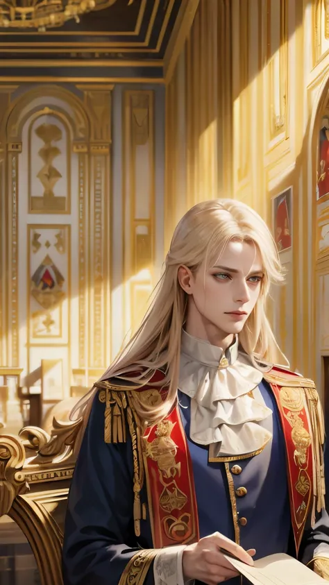 ((masterpiece)),((best quality)),8 thousand, very detailed, very detailed, stylish pose, 13 year old boy in the Middle Ages, king of denmark, Long-haired, Wearing a golden crown with red jewels, the most handsome in the world, dressed like a king, walk tow...