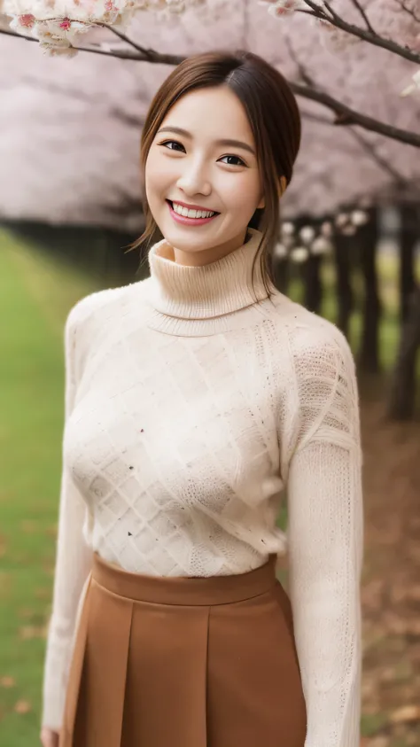 hostess face、sexy face、turtleneck wool sweater、skirt、High quality、Super realistic、healthy、smiling expression、perfect slender figure、Japanese beauty、 perfect eyes、Shining beautiful skin、upper part of the body、Cherry tree in the background