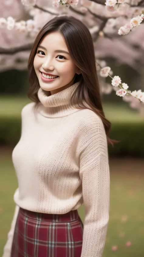 hostess face、sexy face、turtleneck wool sweater、skirt、High quality、Super realistic、healthy、smiling expression、perfect slender figure、Japanese beauty、 perfect eyes、Shining beautiful skin、upper part of the body、Cherry tree in the background