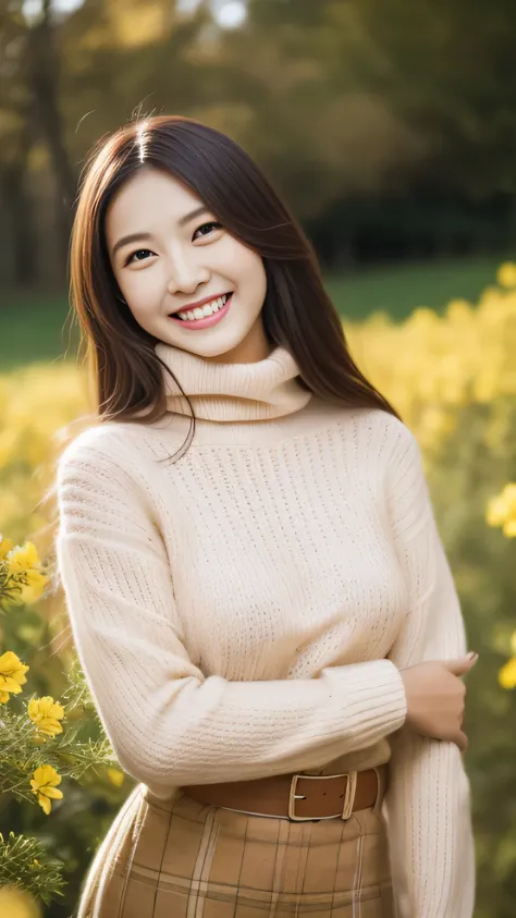 hostess face、sexy face、turtleneck wool sweater、skirt、High quality、Super realistic、healthy、smiling expression、perfect slender figure、Japanese beauty、 perfect eyes、Shining beautiful skin、upper part of the body、The background is yellow flowers