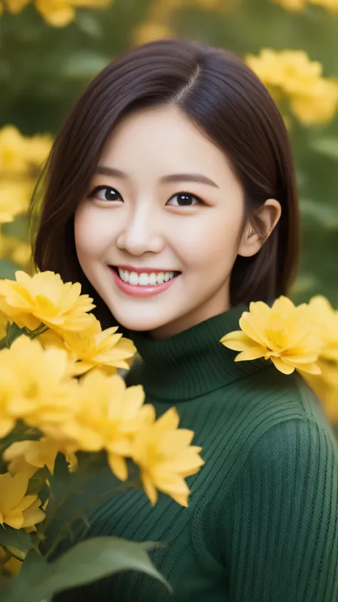 hostess face、sexy face、turtleneck wool sweater、skirt、High quality、Super realistic、healthy、smiling expression、perfect slender figure、Japanese beauty、 perfect eyes、Shining beautiful skin、upper part of the body、The background is yellow flowers