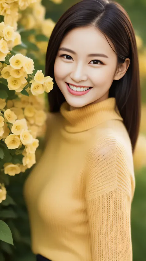 hostess face、sexy face、turtleneck wool sweater、skirt、High quality、Super realistic、healthy、smiling expression、perfect slender figure、Japanese beauty、 perfect eyes、Shining beautiful skin、upper part of the body、The background is yellow flowers