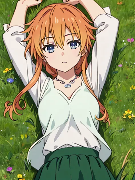 (((pixel-perfect, detail-perfect))), solo, 1girl, yuzuru yamai, white shirt, necklace, green skirt, looking at viewer, closed mouth, spread arms, arms up, expressionless, on back, on grass, looking at viewer, solo, center,