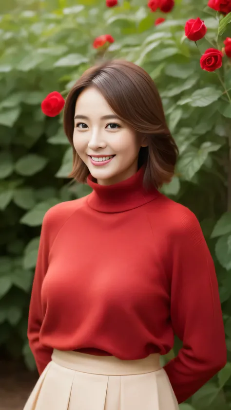 hostess face、sexy face、turtleneck wool sweater、skirt、High quality、Super realistic、healthy、smiling expression、perfect slender figure、Japanese beauty、 perfect eyes、Shining beautiful skin、upper part of the body、Background is very many red rose flowers