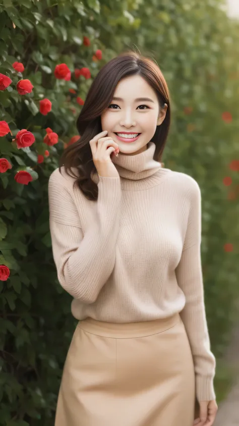 hostess face、sexy face、turtleneck wool sweater、skirt、High quality、Super realistic、healthy、smiling expression、perfect slender figure、Japanese beauty、 perfect eyes、Shining beautiful skin、upper part of the body、Background is very many red rose flowers