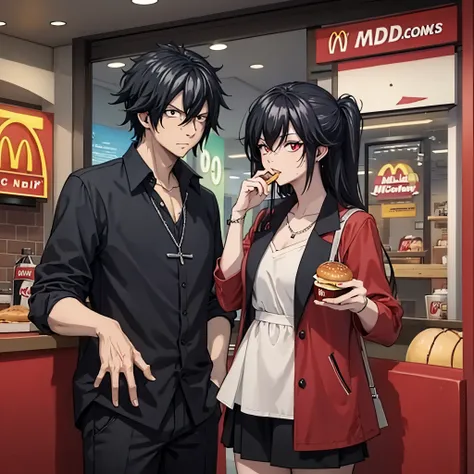 a man in black casual clothes together with a woman(eye red) at a McDonalds. Eating hamburger
