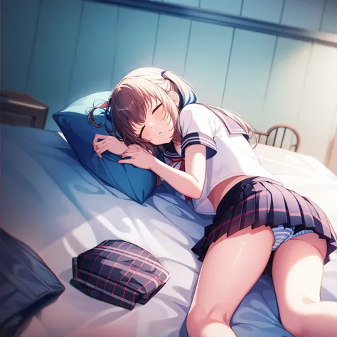 1 girl, underwear, underwear, sleep, yes, skirt, blue_hair, striped_underwear, lie, striped, white_shirt, exist_side, closure_Eye, shirt, School_uniform, thigh, ribbexist, Sefuku, side_pexistytail, Pillow, sailor_collar, short_sleeve, pleated_skirt, minisk...