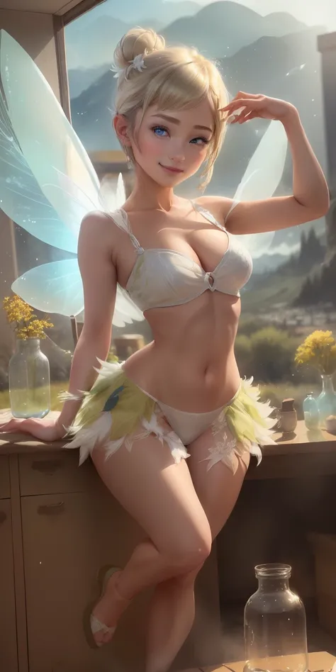 (Tinker Wife:1),Tinker Bell、mini skirt、clear feathers、Legs open to show white panties、 smile, cute, cute pose, looking at the viewer, thick thighs, white panties single hair bun, short hair, (Strapless Green Dress:1), (fairy wings), are flying, (chest focu...