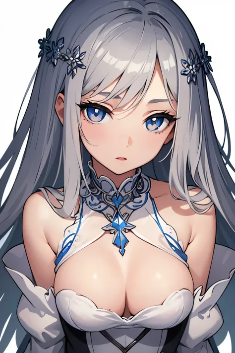 1girl, anime, cute girl, blank background, white background, fantasy, detailed dark fantasy dress with highlights, beautiful face, beautiful eyes, dark colors, silver hair, slightly small breasts, slight cleavage, beautiful skin, cute, breast curtains, ext...